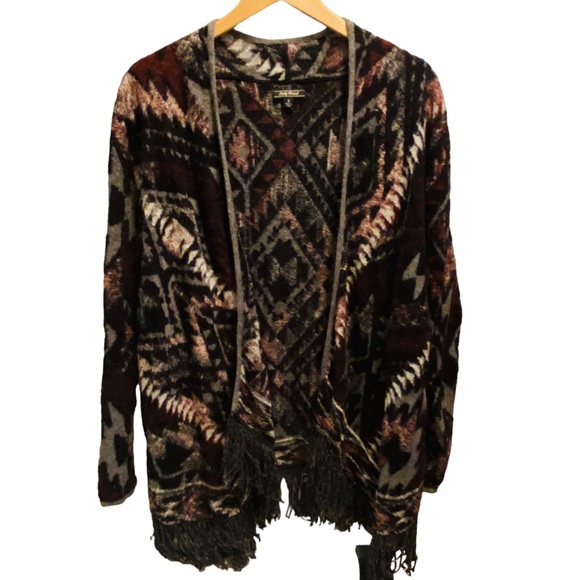 Lucky Brand Sweaters - Lucky Brand Southwest Print Blanket Fringe Open Cardigan Western
